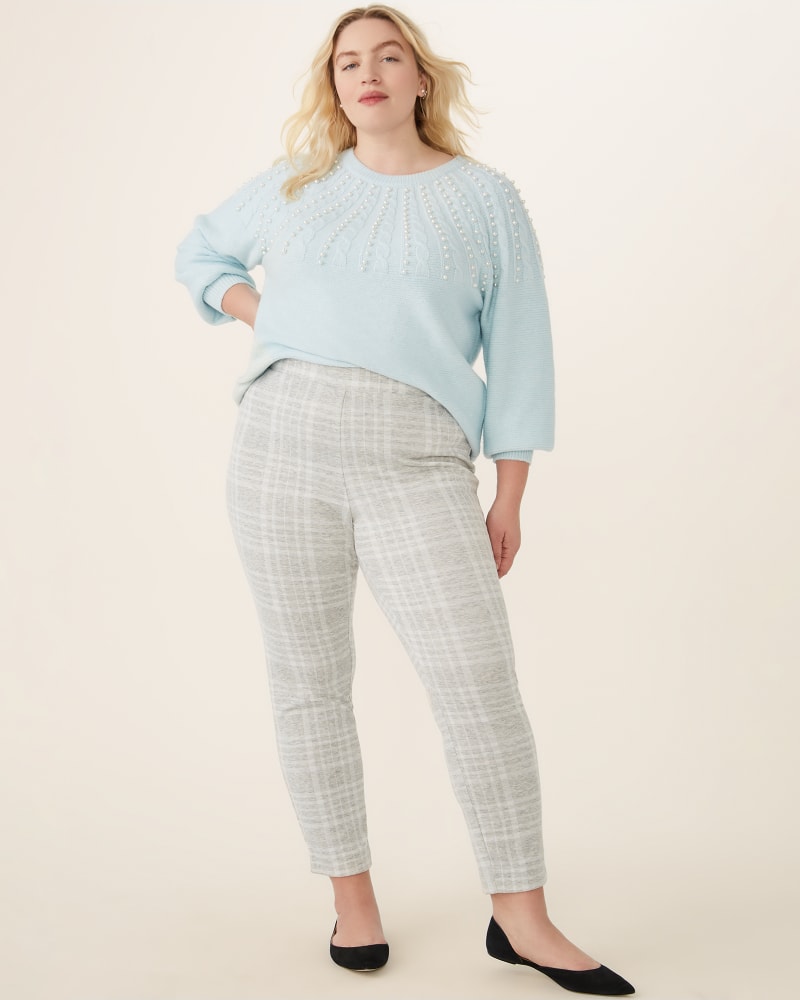 Plus size model with apple body shape wearing Elle Straight-Leg Plaid Ponte Pants by Cooper and Ella | Dia&Co | dia_product_style_image_id:175505